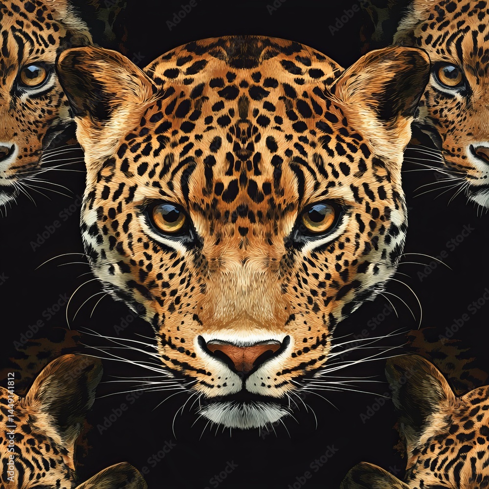Fototapeta premium Majestic Seam of Leopards with Striking Blue Eyes Captured in a Lush Green Jungle Environment