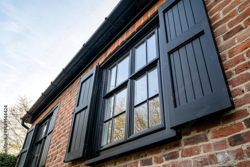Exterior Brick Wall with Dark Window Shutters and Gutter Detail