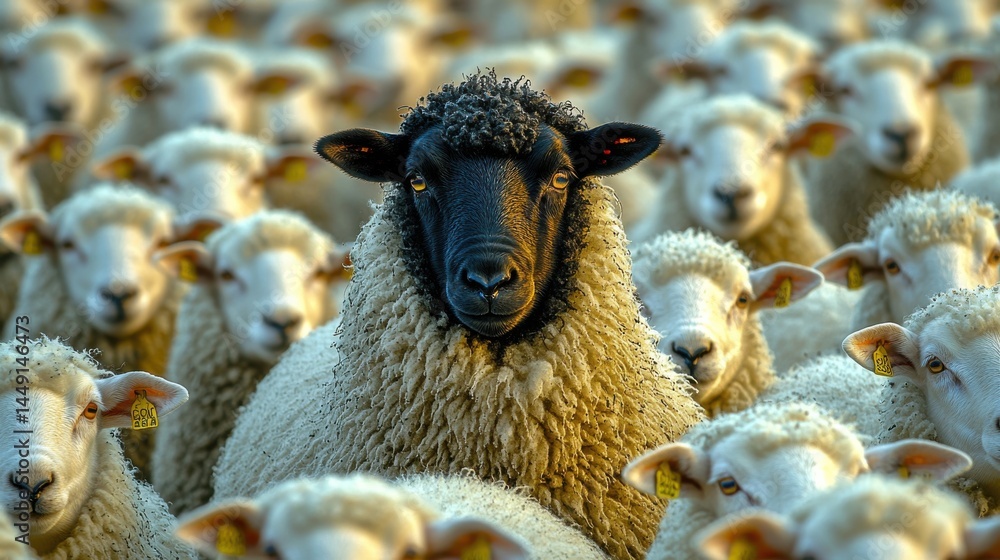 Obraz premium [Unique Black Sheep in Flock] Black Sheep Dominates Flock: Unique Presence Among White Herd