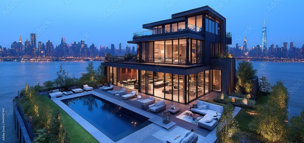 Fototapeta premium Luxury Waterfront Mansion with Stunning City Views