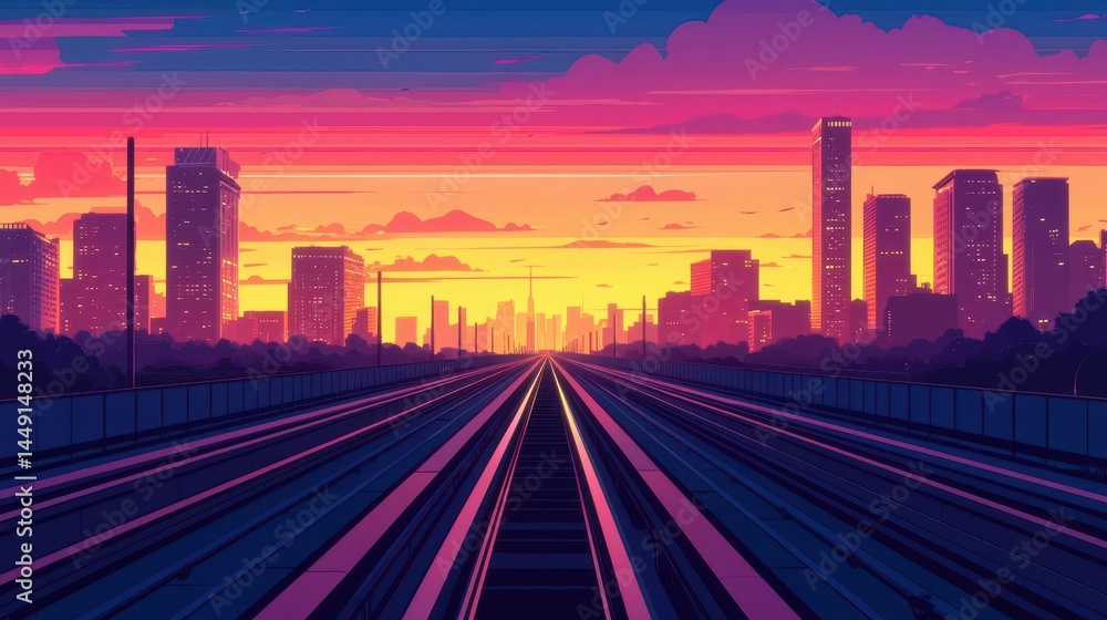 Obraz premium Vibrant Sunset Cityscape Viewed from Elevated Train Tracks Towards the City Center