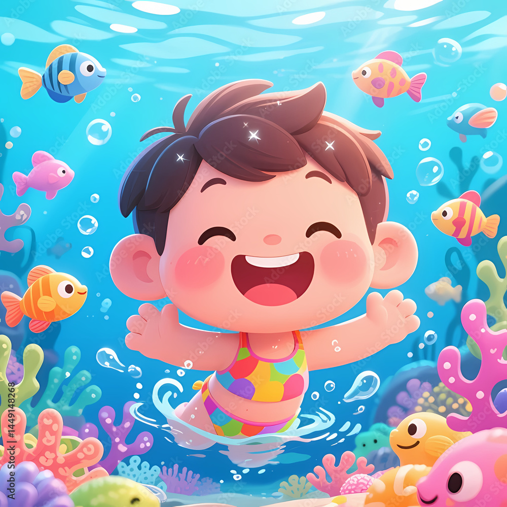 Obraz premium Illustration eines kleinen Jungen, der fröhlich im blauen Meer mit niedlichen Fischen und bunten Korallenriffen schwimmt und eine fröhliche Unterwasserwelt voller Wunder aus der Kindheit darstellt.