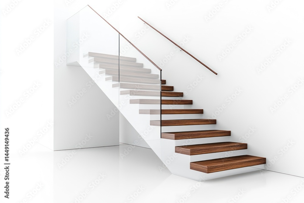 Modern Staircase with Wood Steps and Glass Railing in White Room Modern Staircase with Wood Steps and Glass Railing in White Room