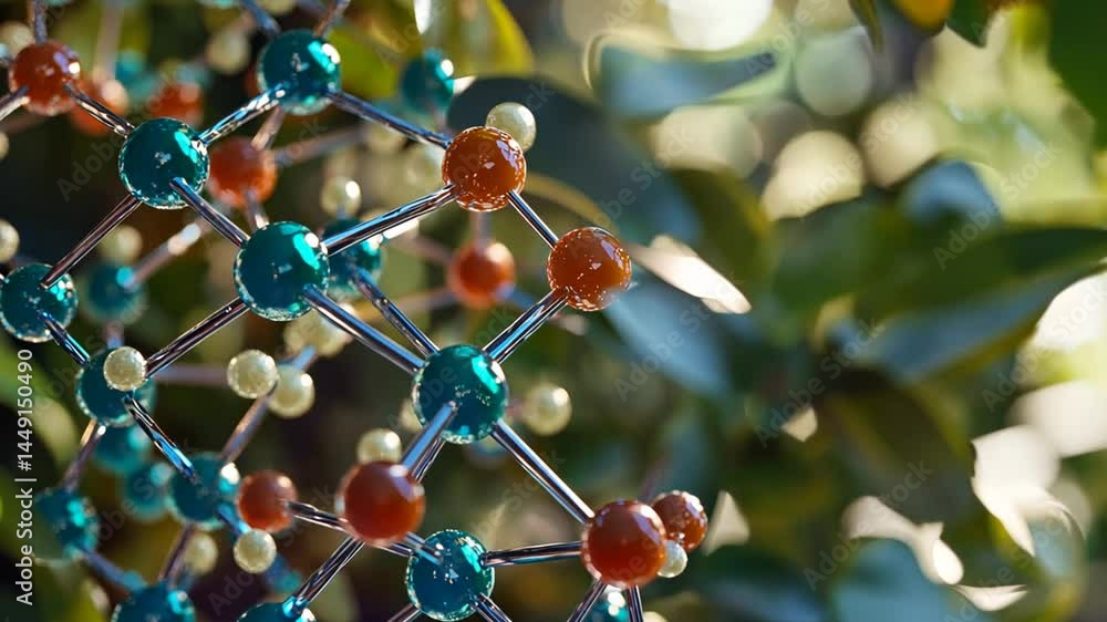 Detailed Molecular Structure Model with Natural Greenery Backdrop, Close-Up View Detailed Molecular Structure Model with Natural Greenery Backdrop, Close-Up View