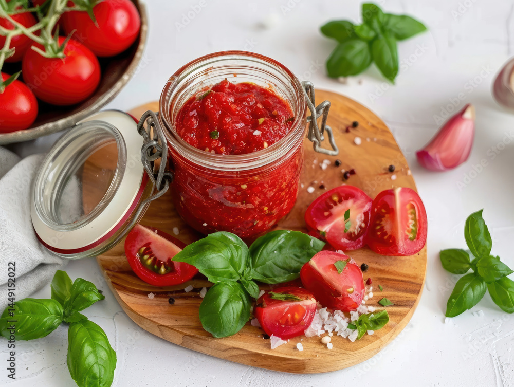Homemade tomato relish in a glass jar, surrounded by fresh ingredients