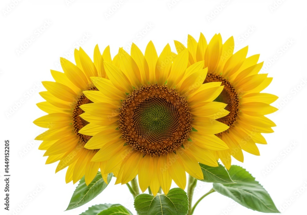 Obraz premium A trio of bright yellow sunflowers with green leaves isolated on a white background