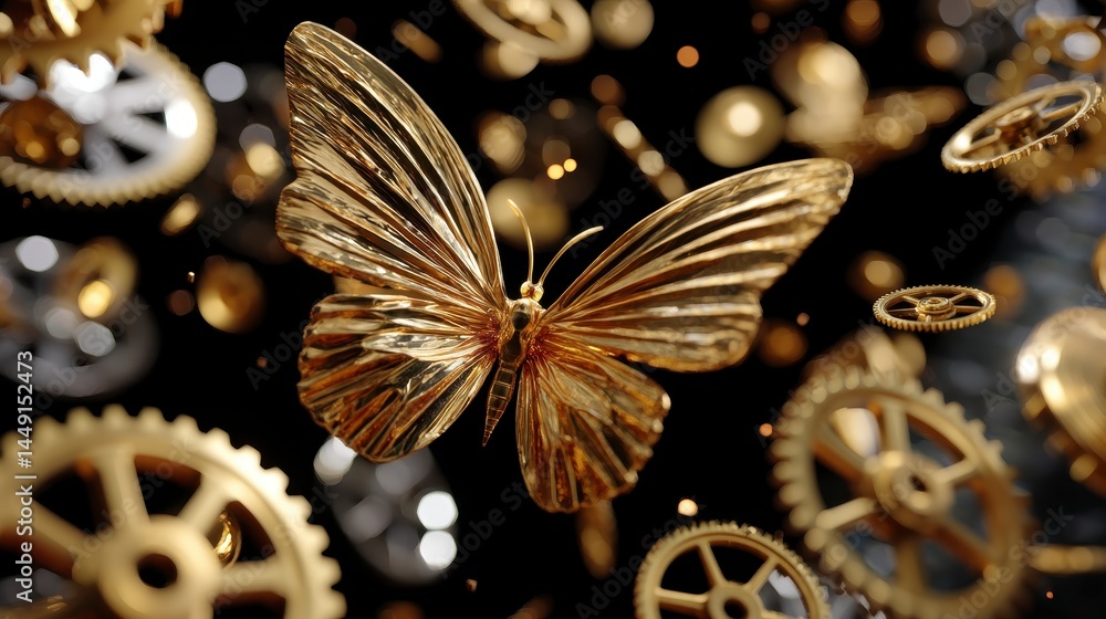 Fototapeta premium Gold Butterfly Intertwined with Rotating Gears � 3D Abstract ,fantasy World, Fantasy Landscape