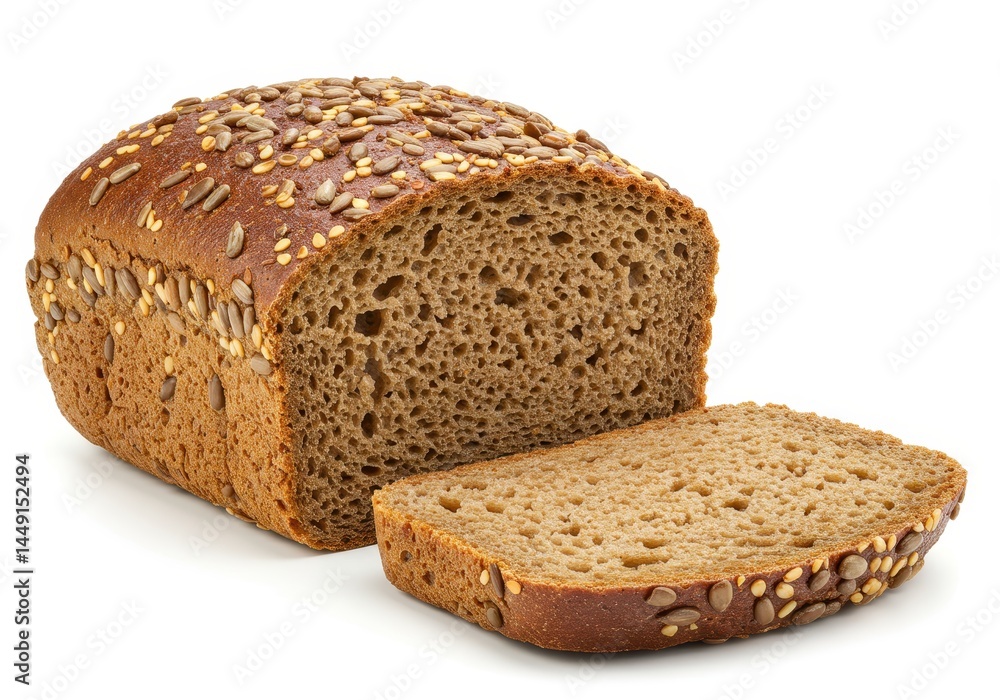 Loaf of dark rye bread with seeds and a sliced piece on a white surface Loaf of dark rye bread with seeds and a sliced piece on a white surface