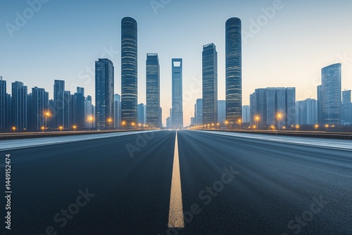 Wide-angle view of an empty highway leading toward a futuristic cityscape, with towering skyscrapers illuminated by soft morning light, reflecting on the smooth asphalt under a clear sky.