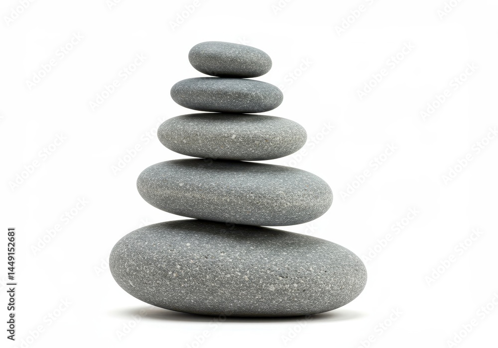 Stack of five smooth gray stones balanced on top of each other on a white background in a studio setting Stack of five smooth gray stones balanced on top of each other on a white background in a studio setting