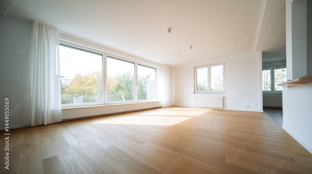 Bright, empty living area with large windows and hardwood floors Bright, empty living area with large windows and hardwood floors