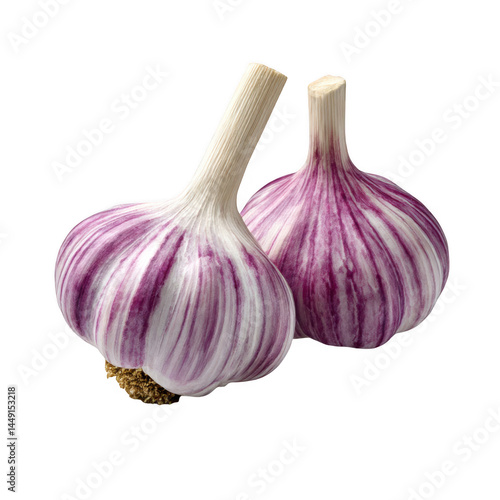 Two garlic bulbs close up on transparent background