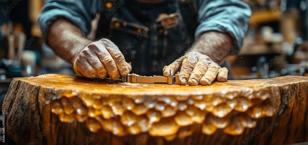 Master Craftsman Shaping Wood: A Close-Up of Skilled Hands at Work Master Craftsman Shaping Wood: A Close-Up of Skilled Hands at Work