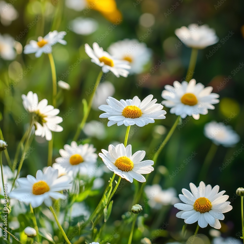 Fototapeta premium Beautiful Field of Delicate White Flowers Blooming Under a Clear Blue Sky Evoking Tranquil Nature Vibes