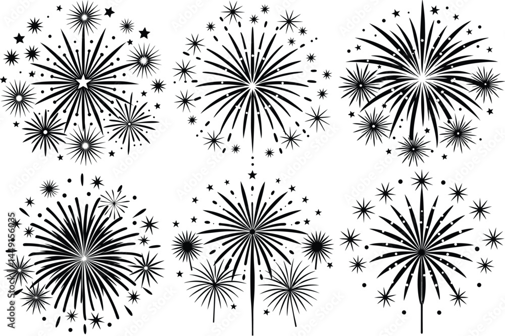 Obraz premium Glittering fireworks silhouette vector illustration isolated on white background.