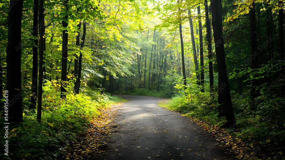 Obraz premium Sunlit Forest Pathway With Autumn Leaves