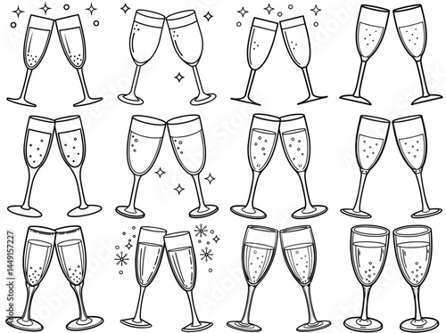 Champagne glasses outline vector illustration isolated on white background.