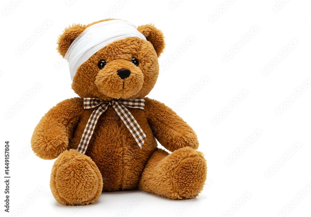 Fototapeta premium A teddy bear with a bandage on its head and a bow tie sitting on a white background looking cute