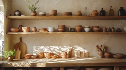 Wallpaper Mural Charming Rustic Shelf Displayed with Vibrant Pots and Unique Decorative Items Creating a Cozy Atmosphere Torontodigital.ca