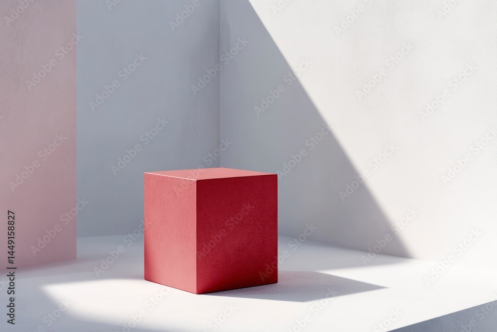 Red Cube in a Bright Geometric Room with Shadow Creating an Abstract Composition