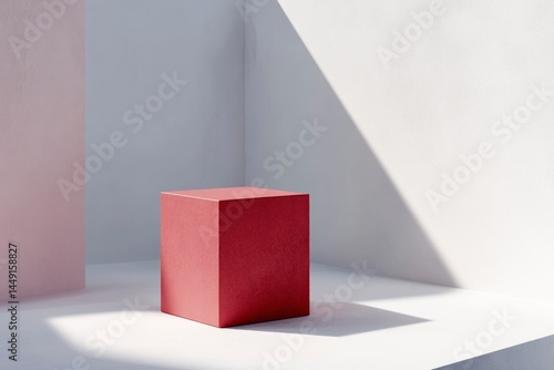 Obraz na płótnie Red Cube in a Bright Geometric Room with Shadow Creating an Abstract Composition w salonie