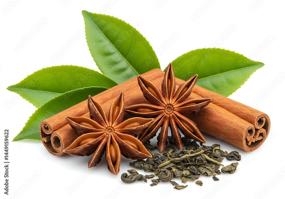 custom made wallpaper toronto digitalStill life of cinnamon sticks star anise tea leaves and green leaves on a white background surface