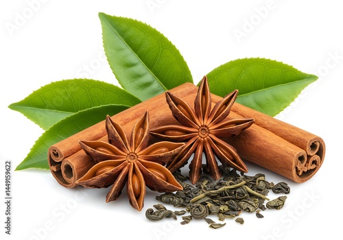 Wallpaper Mural Still life of cinnamon sticks star anise tea leaves and green leaves on a white background surface Torontodigital.ca
