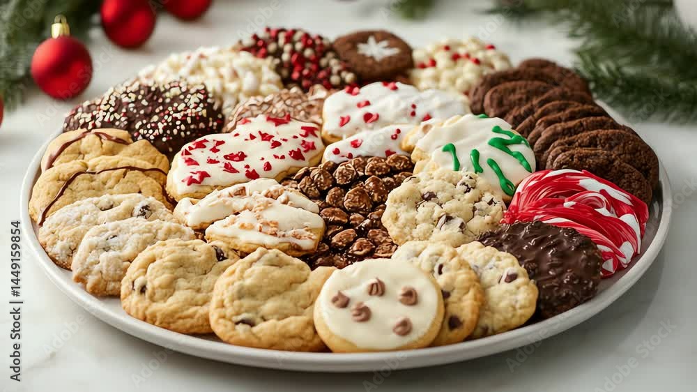Festive assortment of decorated cookies and candies.