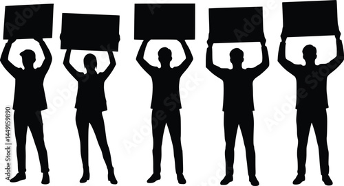 Black-and-white silhouette of five people holding blank rectangular signs above their heads, standing in a row, isolated vector illustration 