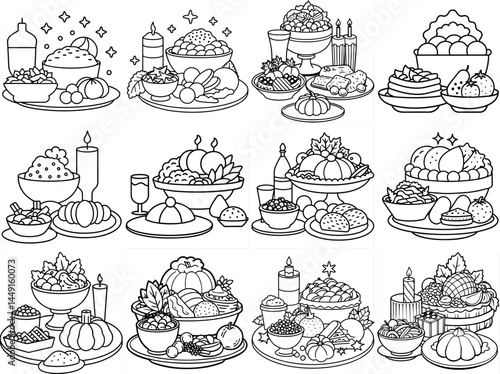 Holiday leftovers feast outline vector illustration isolated on white background.