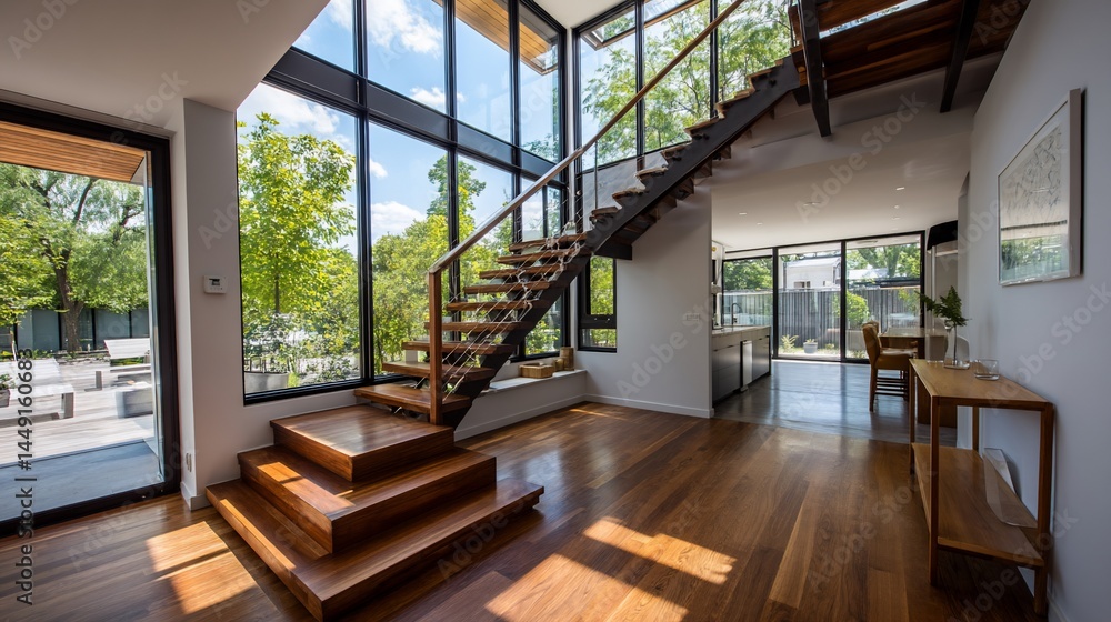 Obraz premium Modern home interior with wooden staircase and large windows overlooking a garden. Possible use showcasing modern architecture and interior design