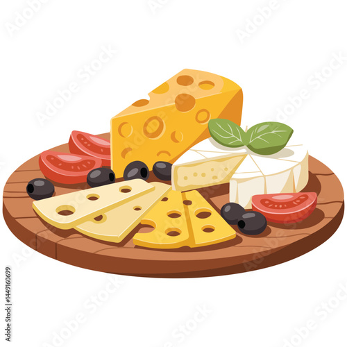Wooden cheese platter with assorted varieties isolated vector illustration on white background