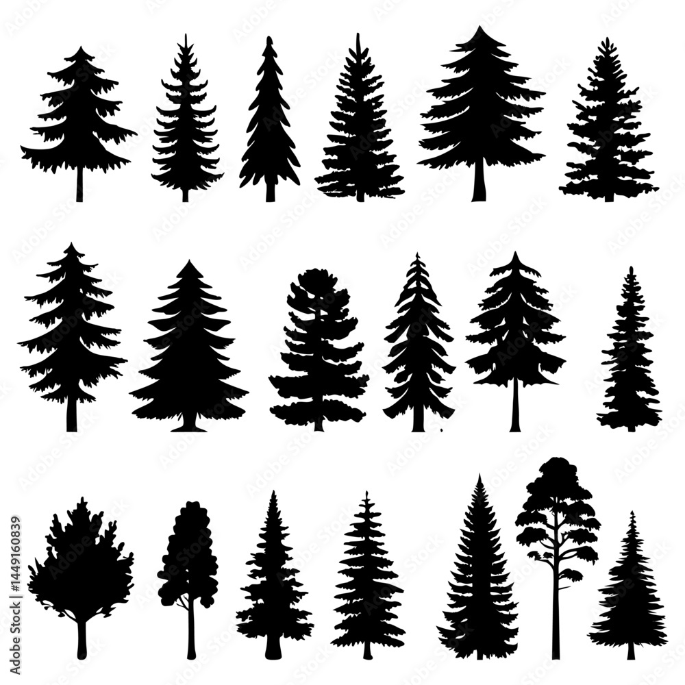 Collection of Pine and Evergreen Tree Silhouettes – Black Vector Trees in Various Shapes Collection of Pine and Evergreen Tree Silhouettes – Black Vector Trees in Various Shapes
