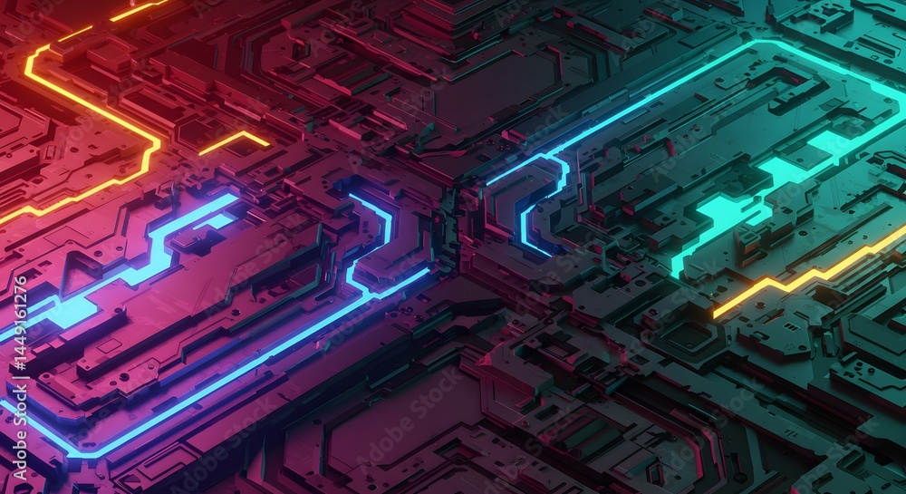 Fototapeta premium Abstract Neon Circuit Board Design Futuristic Technology Background with Glowing Lines and Complex Pathways