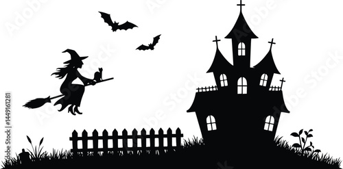 Black-and-white silhouette of a witch flying on a broomstick with a cat, accompanied by bats, a haunted house, and eerie landscape elements