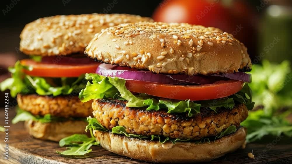 Delicious Veggie Burger on Sesame Seed Bun with Fresh Vegetables Delicious Veggie Burger on Sesame Seed Bun with Fresh Vegetables