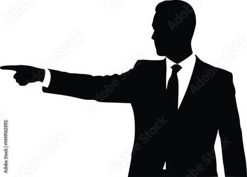 Silhouette of a professionally dressed person wearing a suit and tie, standing upright while pointing with an extended arm and finger