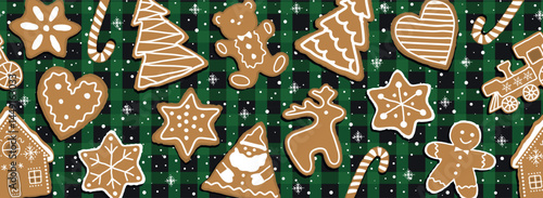 Gingerbread Cookies Banner. Christmas Seamless Border. Gingerbread House, Deer, Heart, Gingerbread Man, Train, Star. Winter Classic Buffalo Plaid Bg. Vector image on Green Black Checkered Background.
