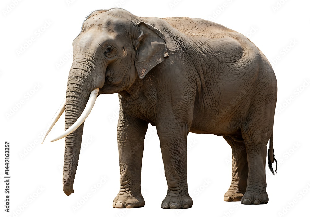 Obraz premium An elephant standing with its trunk down and tusks visible against a white background in full view