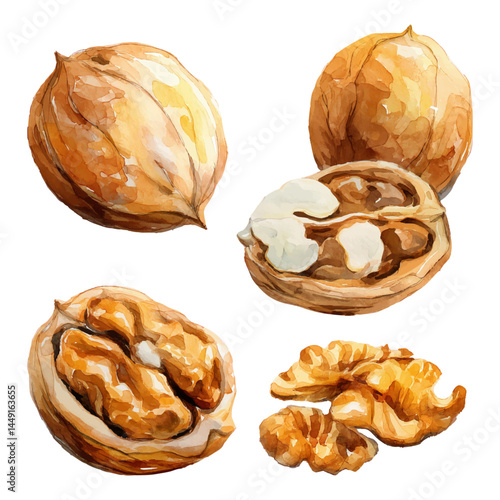 Watercolour illustration of whole and shelled walnuts, isolated with transparent background
