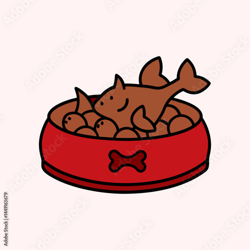 Dog Bowl with Fish and Chicken – Minimal Line Art Vector