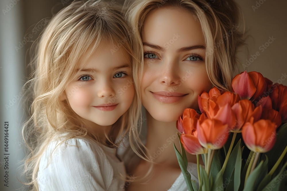 a little girl lovingly hugging her smiling mother, who holds a bouquet of red tulips. women’s day, mother’s day a little girl lovingly hugging her smiling mother, who holds a bouquet of red tulips. women’s day, mother’s day