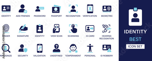 Identity icon set collection. Add friends, password, passport, recognition, verification, biometric, finger, signature, view scan, id card and best solid icon set.