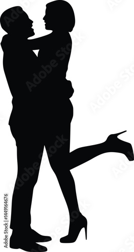 Silhouette of two people in an affectionate pose, one person holding the other, who is lifting a leg while wearing high heels, isolated vector illustration