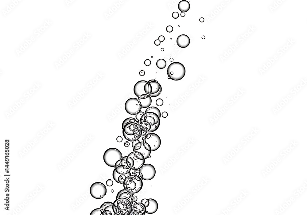 A vertical stream of transparent bubbles of varying sizes on a plain white background in a studio shot A vertical stream of transparent bubbles of varying sizes on a plain white background in a studio shot