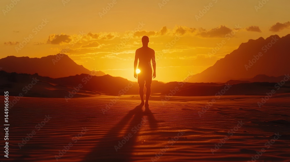 Man walking on sand towards a bright sunset, mountains in the background. Illustrates themes like exploration, solitude, determination, or new beginnings. Man walking on sand towards a bright sunset, mountains in the background. Illustrates themes like exploration, solitude, determination, or new beginnings.