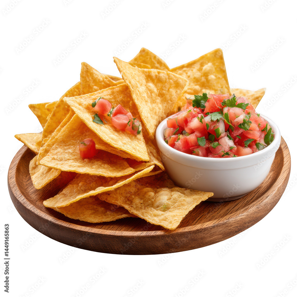 Nachos with salsa on a wooden plate on transparent background Nachos with salsa on a wooden plate on transparent background