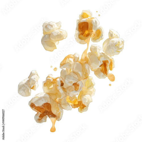 Close-up of caramel popcorn kernels drizzled with golden syrup, isolated with transparent background