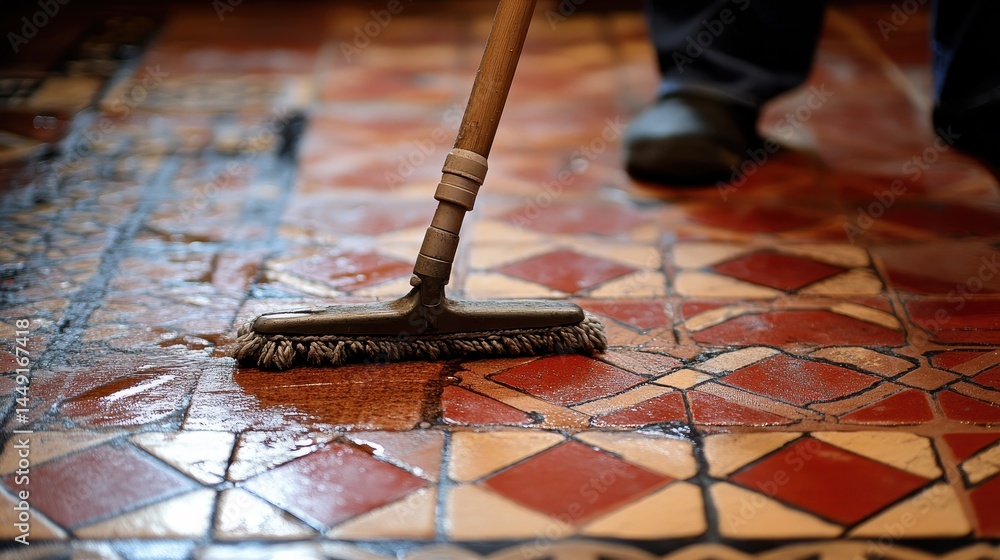 A person cleaning a patterned tile floor with a wet mop. Showcases hygiene, maintenance, and the effort to maintain cleanliness. A person cleaning a patterned tile floor with a wet mop. Showcases hygiene, maintenance, and the effort to maintain cleanliness.