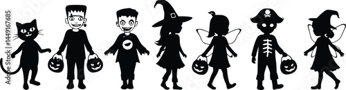 Silhouette of seven children in Halloween costumes holding pumpkin-shaped candy containers, featuring characters like a cat, frankenstein monster, witch, skeleton, and fairy